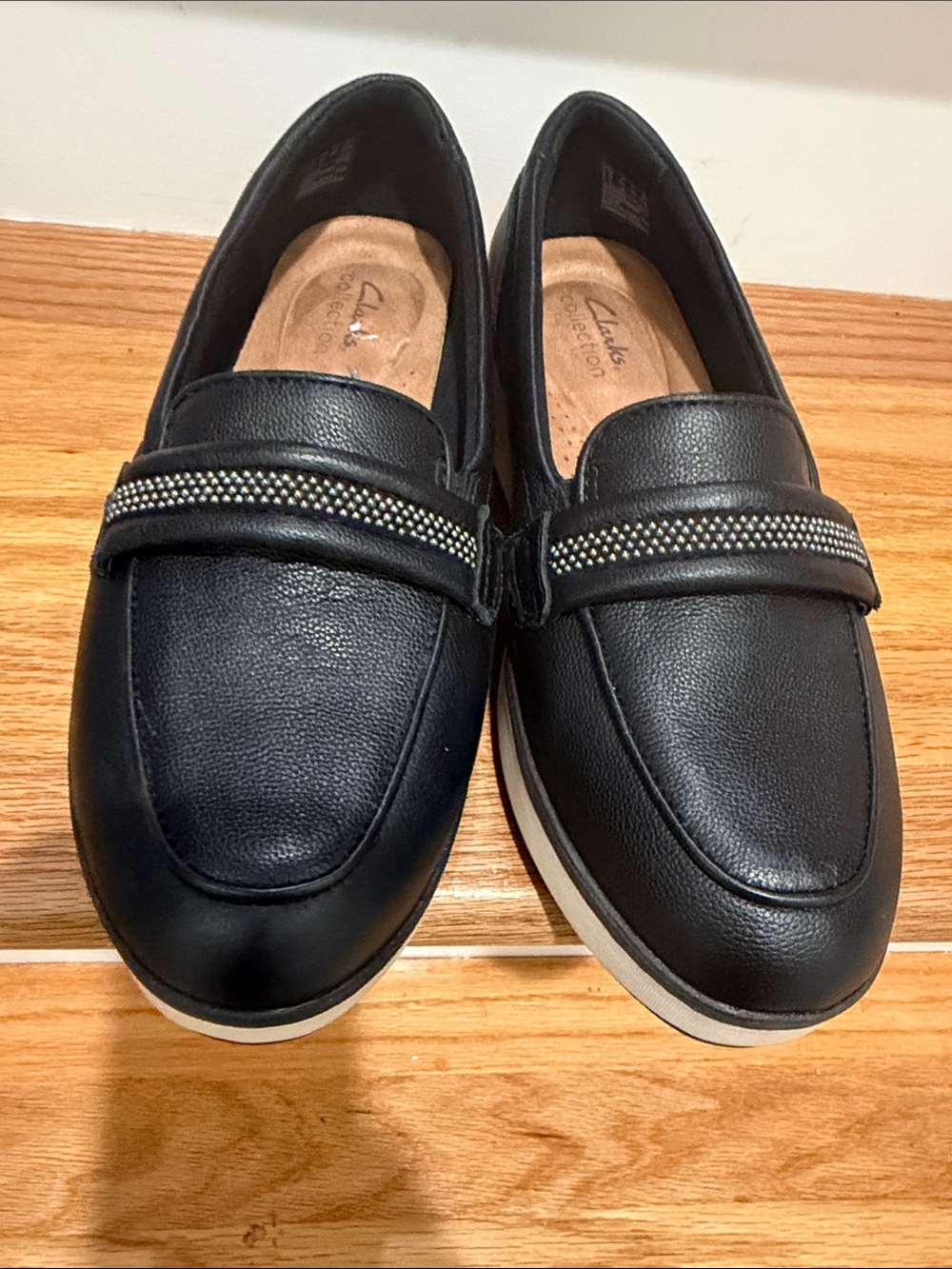 Clarks Black Leather Slip-On Loafers with Sparkle Strap